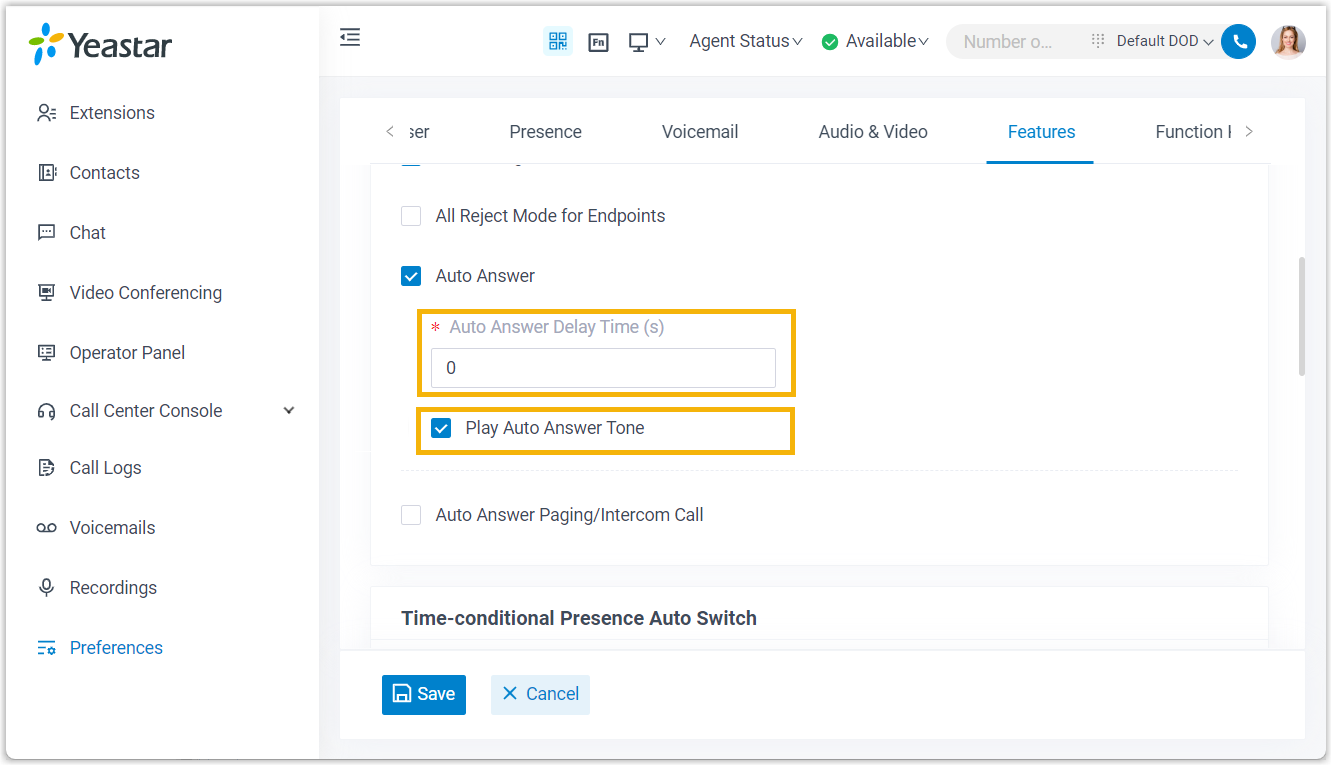 Cloud Voice, Auto Answer settings in the Call section of the desktop app's Features preferences