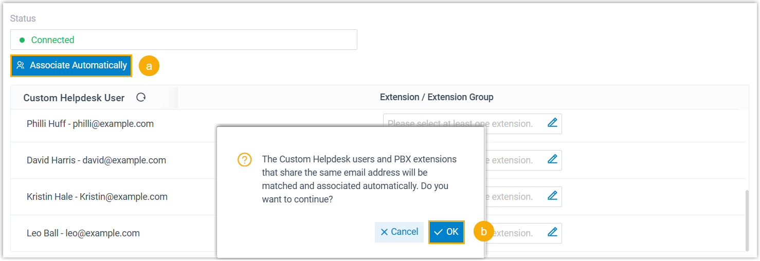Associate Automatically option for matching helpdesk users to extensions by email