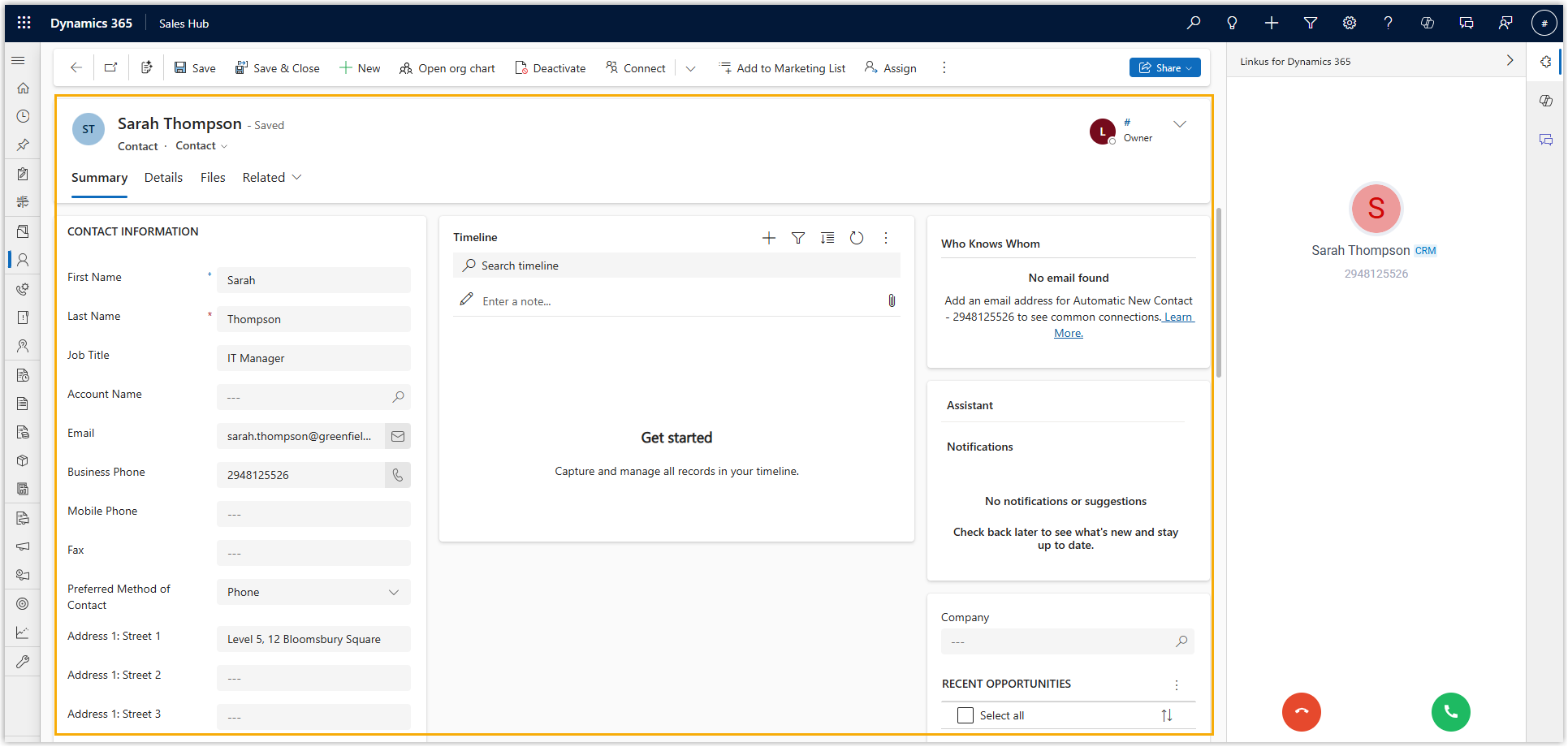 A CRM contact record opened automatically in Dynamics 365 during a call