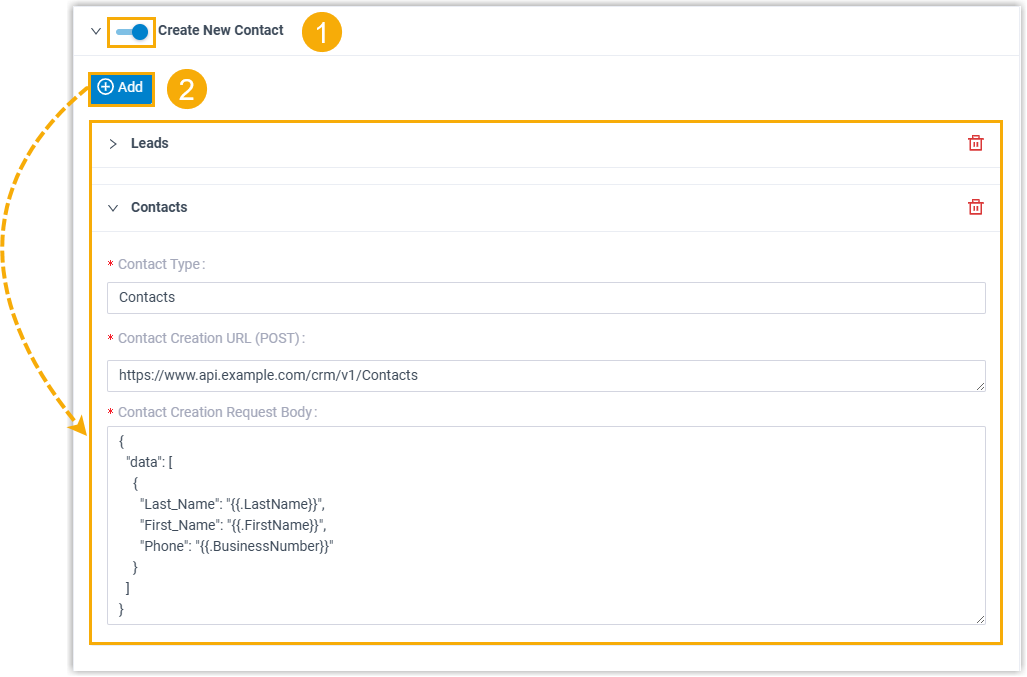 The Create New Contact settings