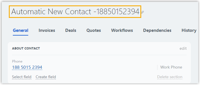 A new Bitrix24 contact created from a call with an unknown number
