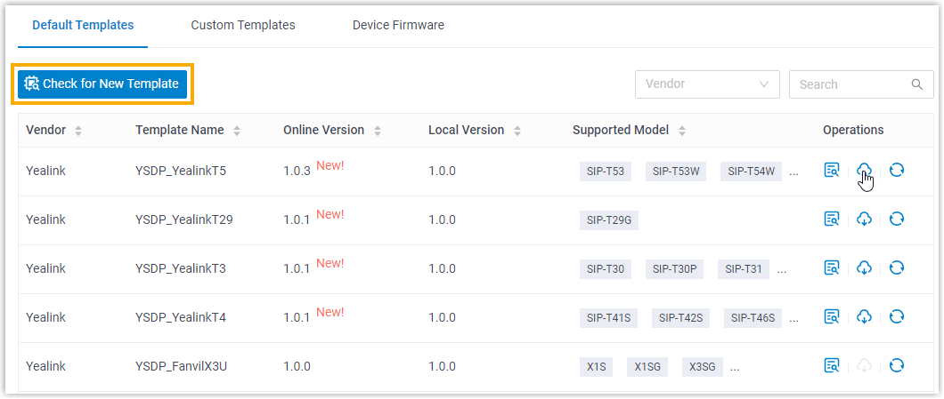 Resource Repository listing available templates with a control to check for newer versions