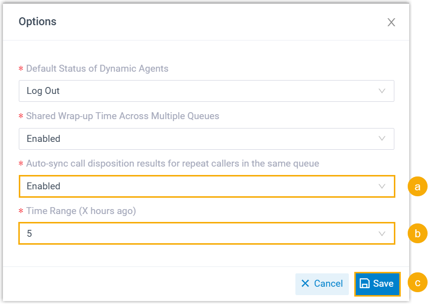 Queue options dialog with the auto-sync disposition setting and time range fields