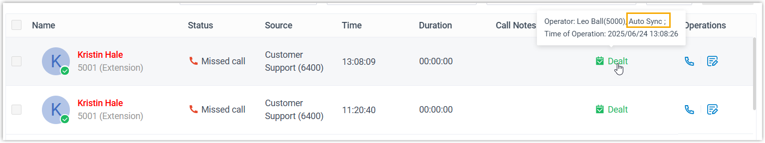 Call log operation history showing an entry labeled Auto Sync