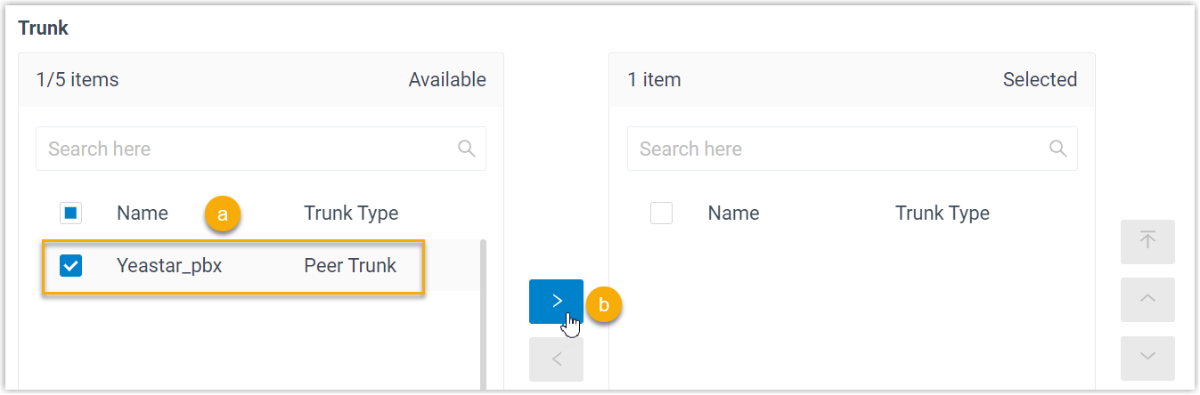 Cloud Voice, trunk selection with Available and Selected columns