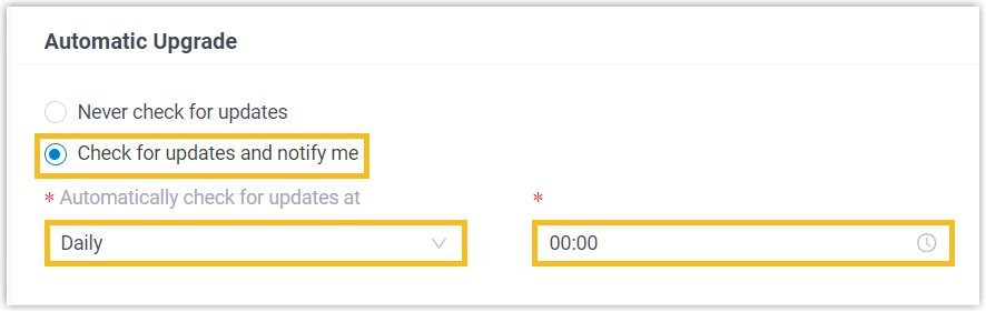 Automatic upgrade settings with the check-and-notify option and a schedule selector