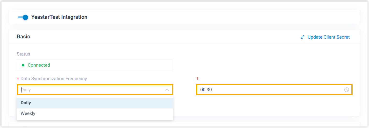 Cloud Voice, synchronization frequency and time settings in the Basic section of the Collaboration integration