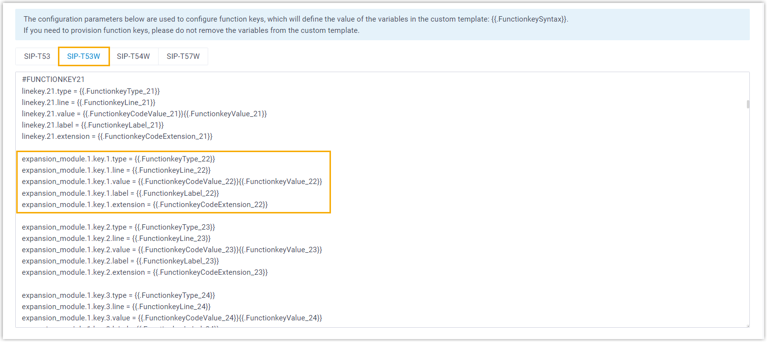Custom template editor with function-key parameters entered for a Yealink expansion module