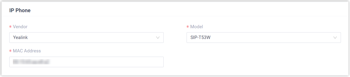 Auto provisioning form with vendor, model, and MAC address fields for a new IP phone