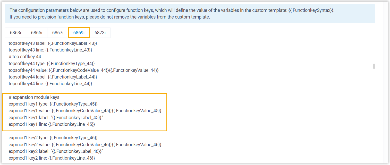 Custom template editor showing function key parameters entered for a Mitel expansion module