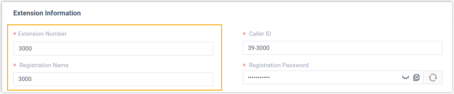 Extension information page with the registration name set to match the extension number