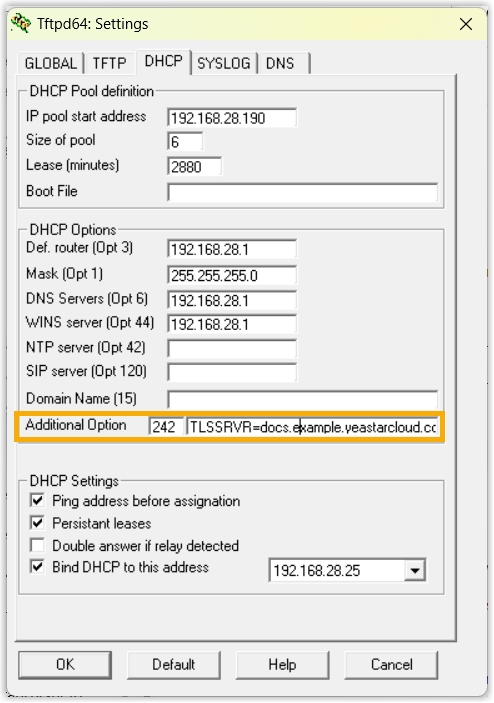 DHCP options dialog with option 242 added and its string value set