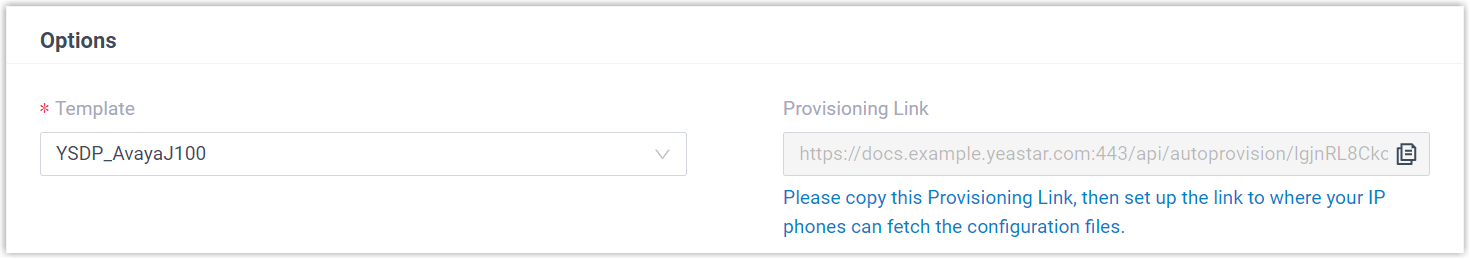 Cloud Voice, template and provisioning link options for an Avaya phone