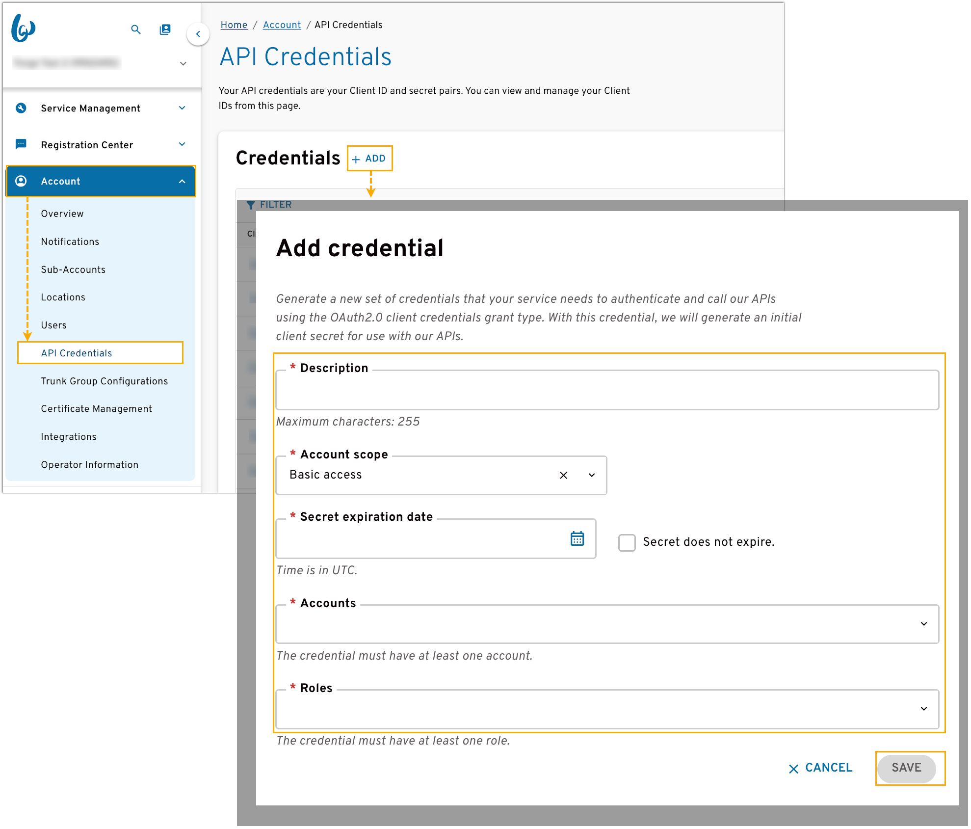 The Bandwidth API Credentials page showing the Client ID and Client Secret