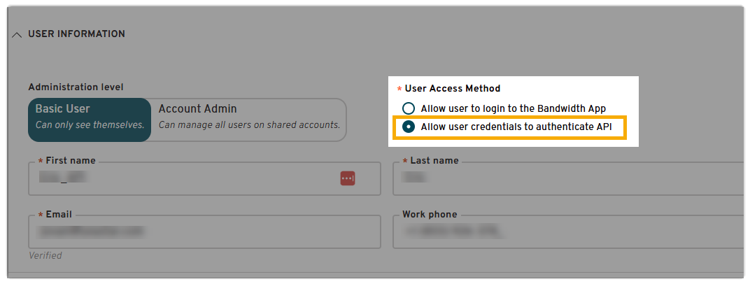 The Bandwidth account setting that lets user credentials authenticate the API