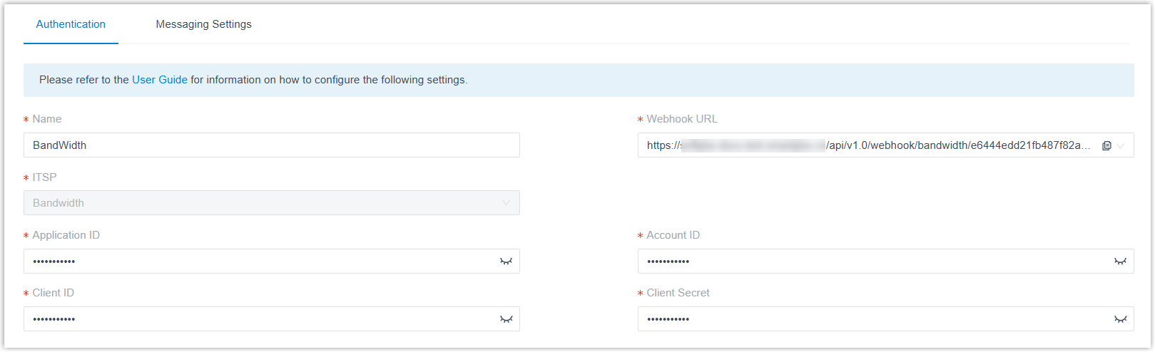 The channel Authentication tab with fields for the Bandwidth application and API credentials