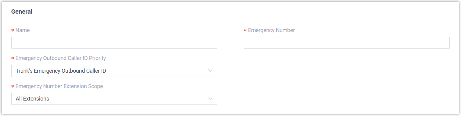 Emergency number general settings with fields for name, number, caller ID priority, and extension scope