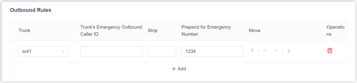 Outbound rules for an emergency number listing the trunk and digit-manipulation options