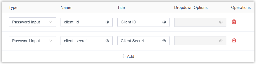 Credential fields users complete for bearer token authentication