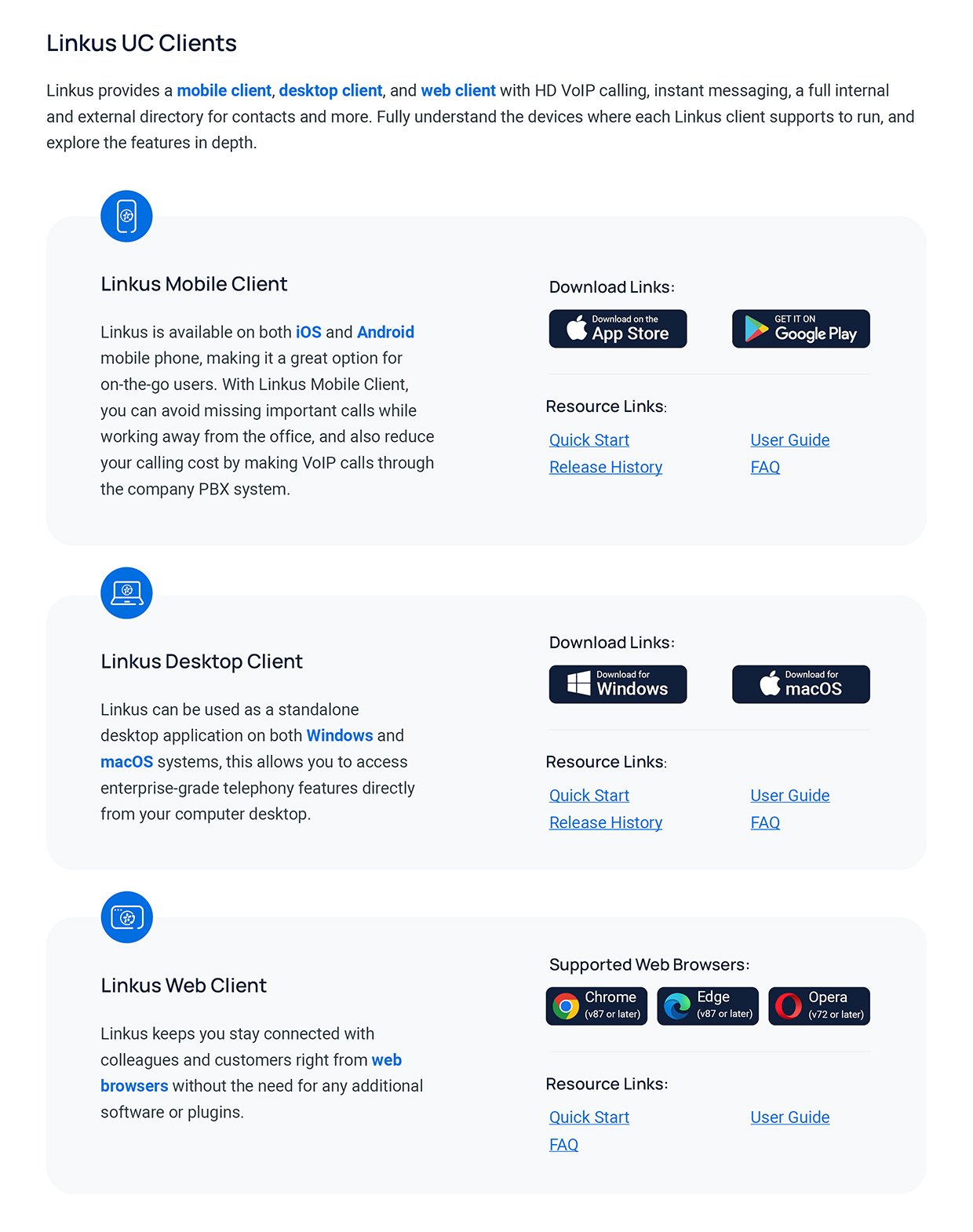 Cloud Voice, the mobile, desktop, and web clients side by side with their download options