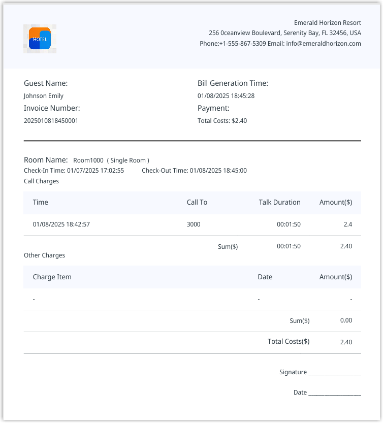 A completed guest invoice ready to review