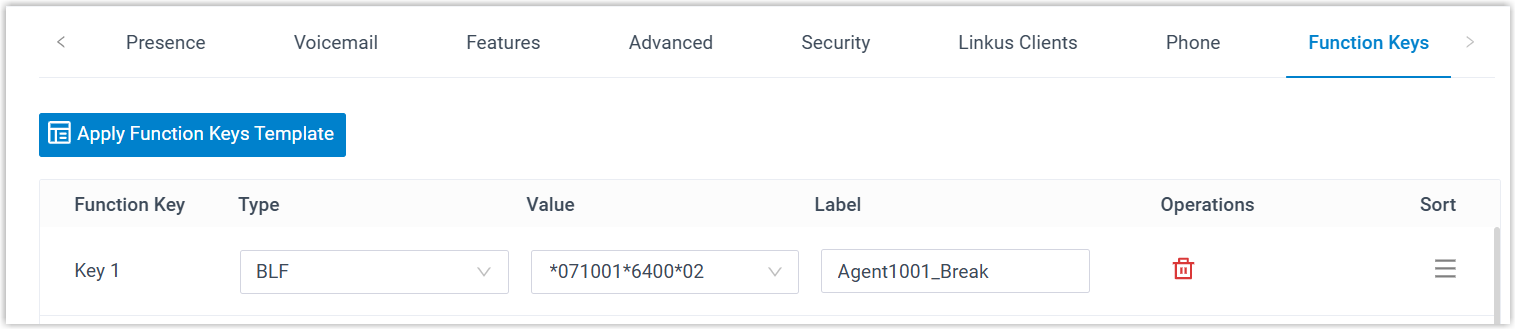 Cloud Voice, a BLF key set to monitor a queue agent's pause status