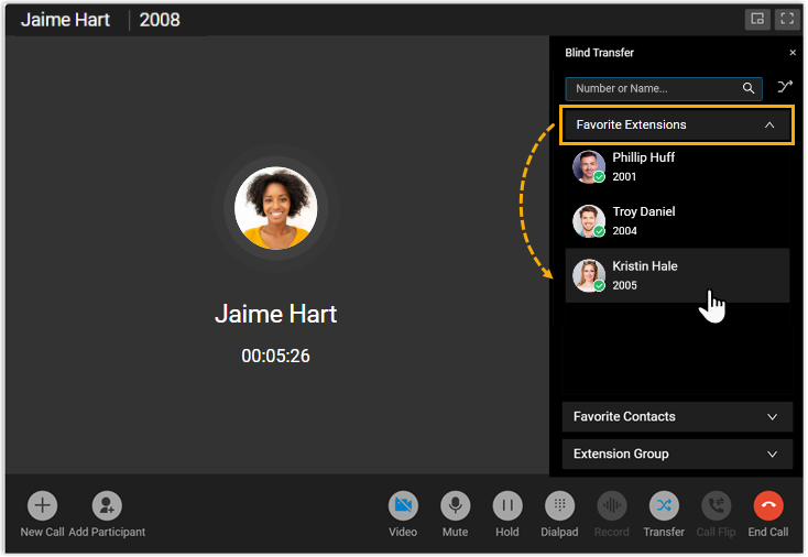 Selecting a contact from a list for a blind transfer