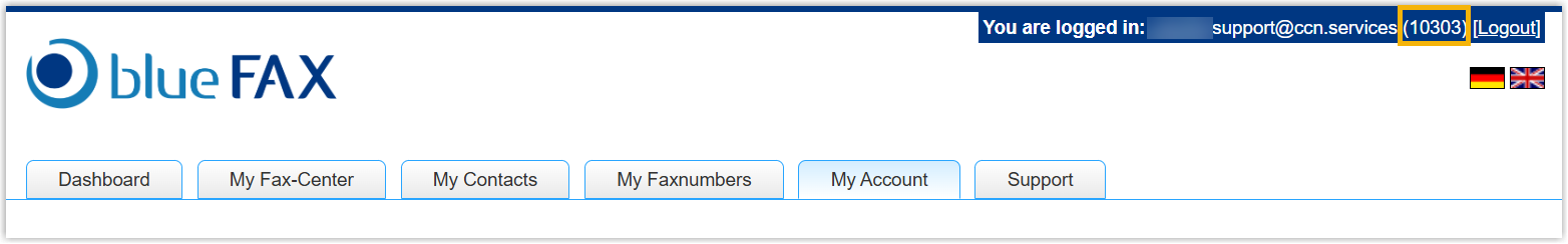 Locating the customer ID beside the username in the blueFAX portal