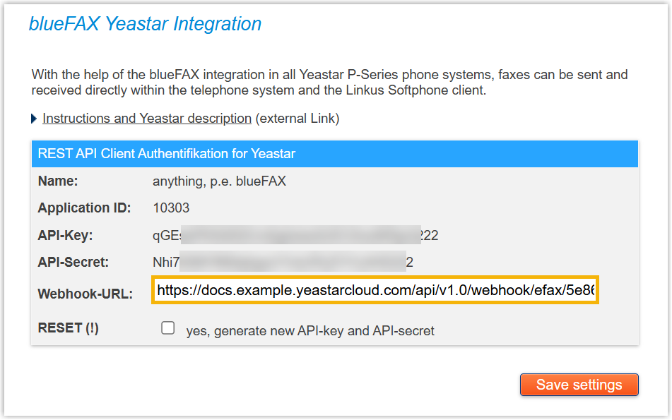 The Webhook-URL field on the blueFAX portal