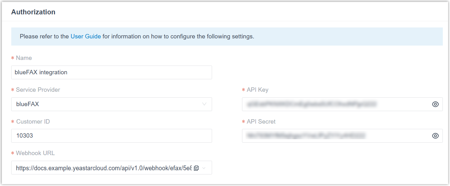 Cloud Voice, the Authorization fields for the blueFAX integration
