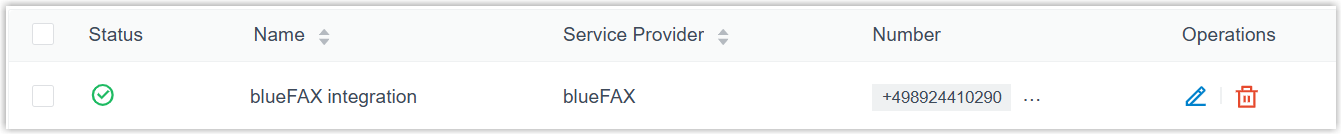 The fax integration listed with a successful status in Cloud Voice