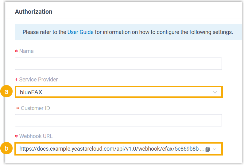 Cloud Voice, selecting blueFAX and copying the generated webhook URL