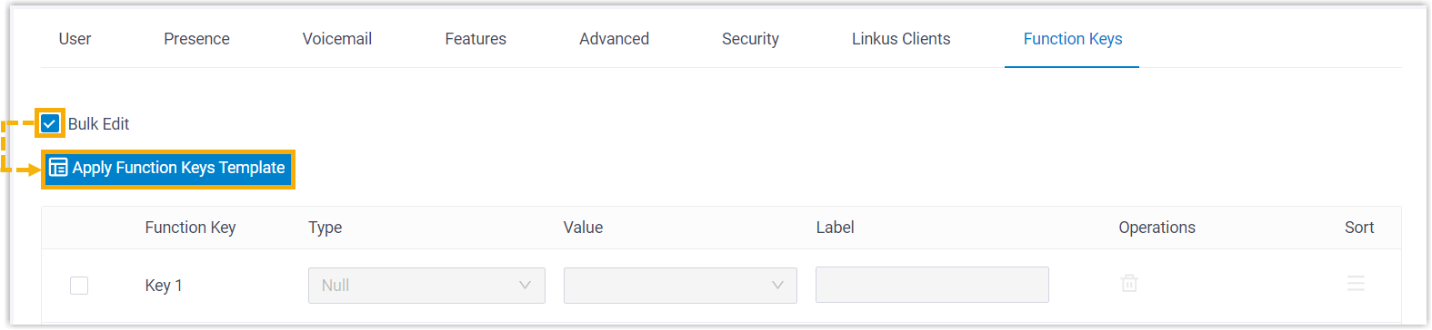 Cloud Voice, applying a template from the Function Keys tab in bulk edit