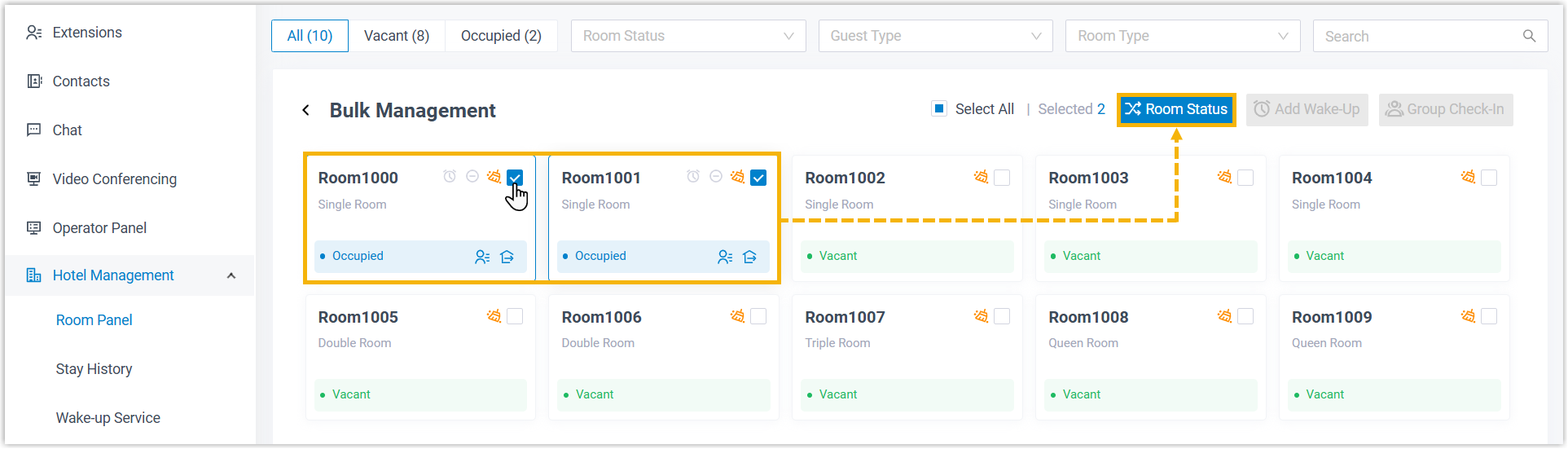 Multiple rooms selected on the panel with the Room Status action available