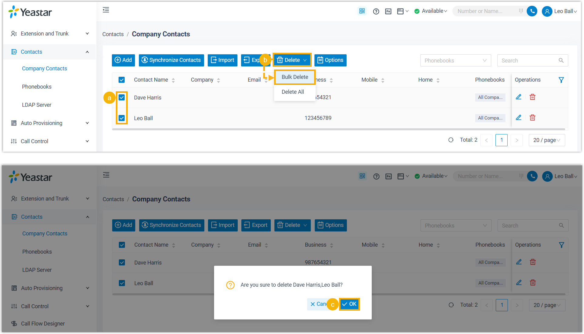 Cloud Voice, selecting multiple contacts for a bulk delete