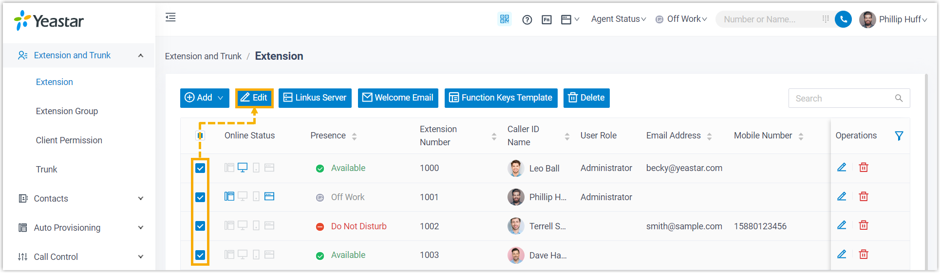 Cloud Voice, selecting several extensions for a bulk edit