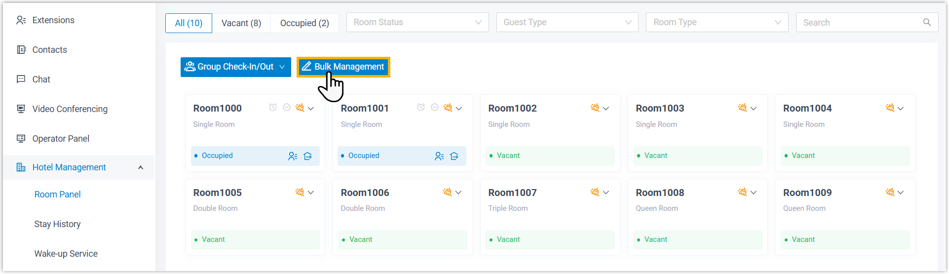 Room Panel with the Bulk Management control in the upper-left corner