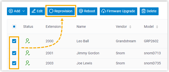 Auto provisioning list with several agent phones selected for reprovisioning