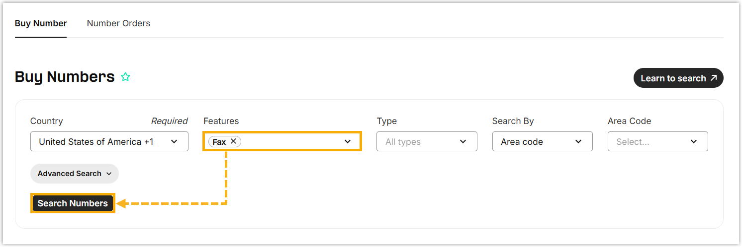 Telnyx number search filtered to the Fax feature