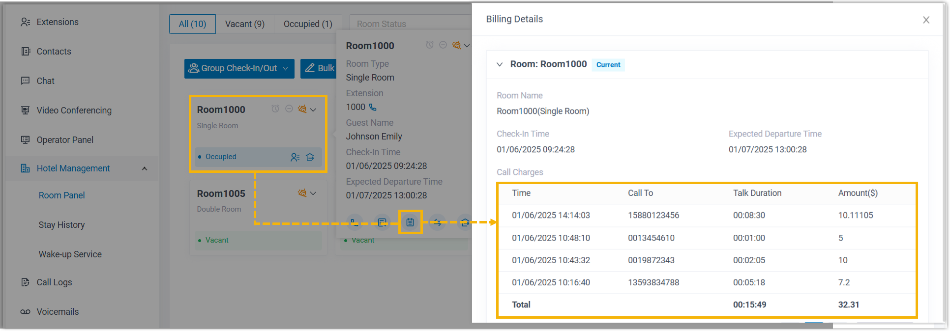 A guest bill listing an outbound call with its calculated charge