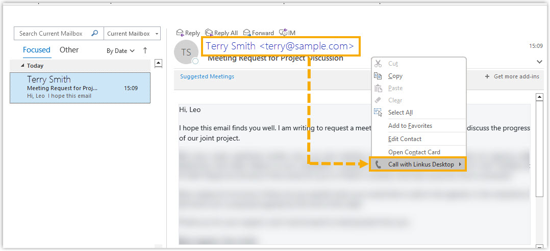 Cloud Voice, calling an email sender directly from an Outlook message