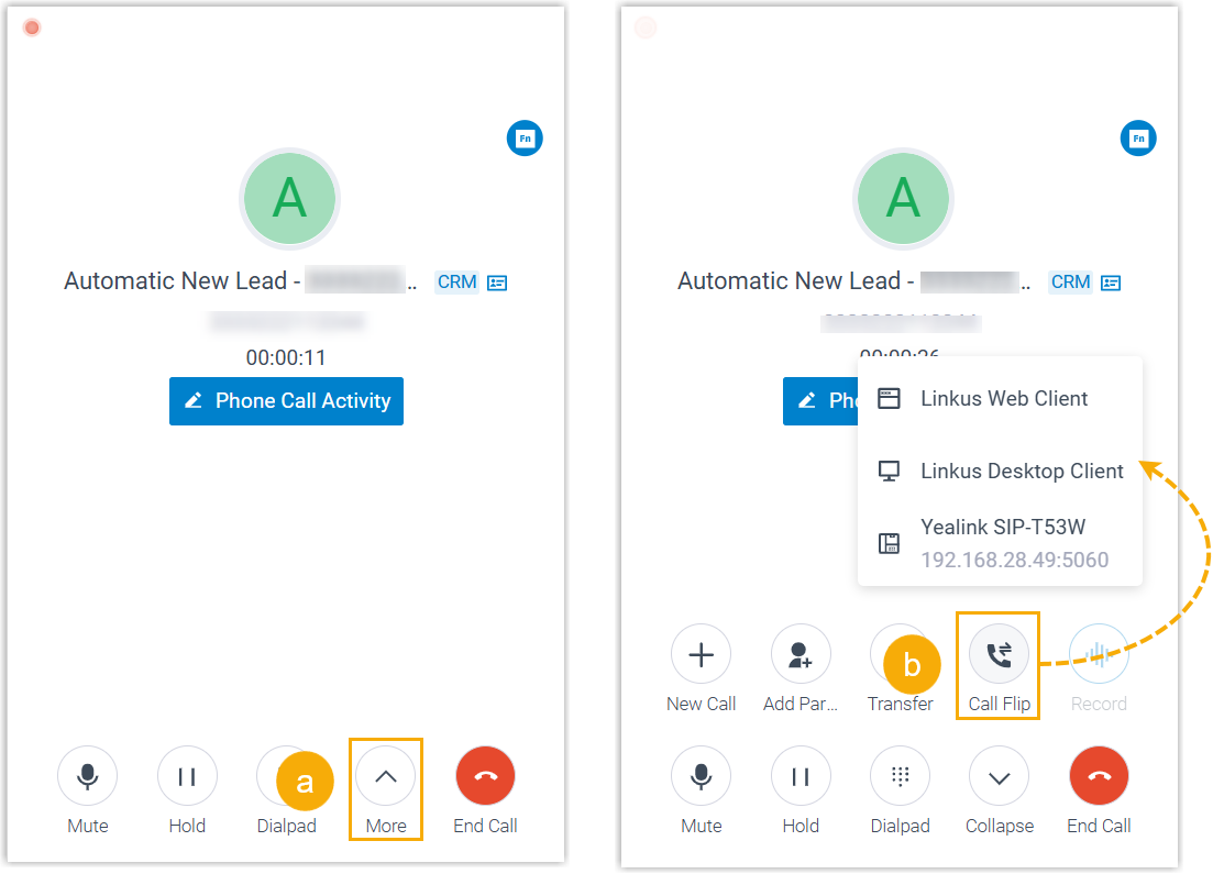 Cloud Voice, the in-call screen with the Call Flip control