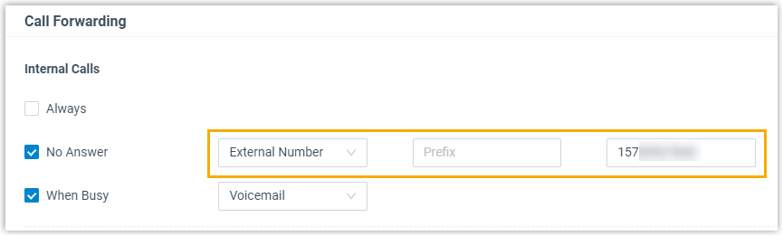 Call forwarding set to an external mobile number on No Answer