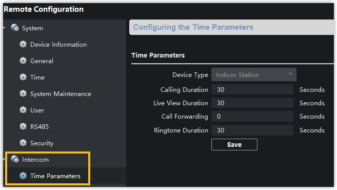 Calling duration field in the indoor station time parameters