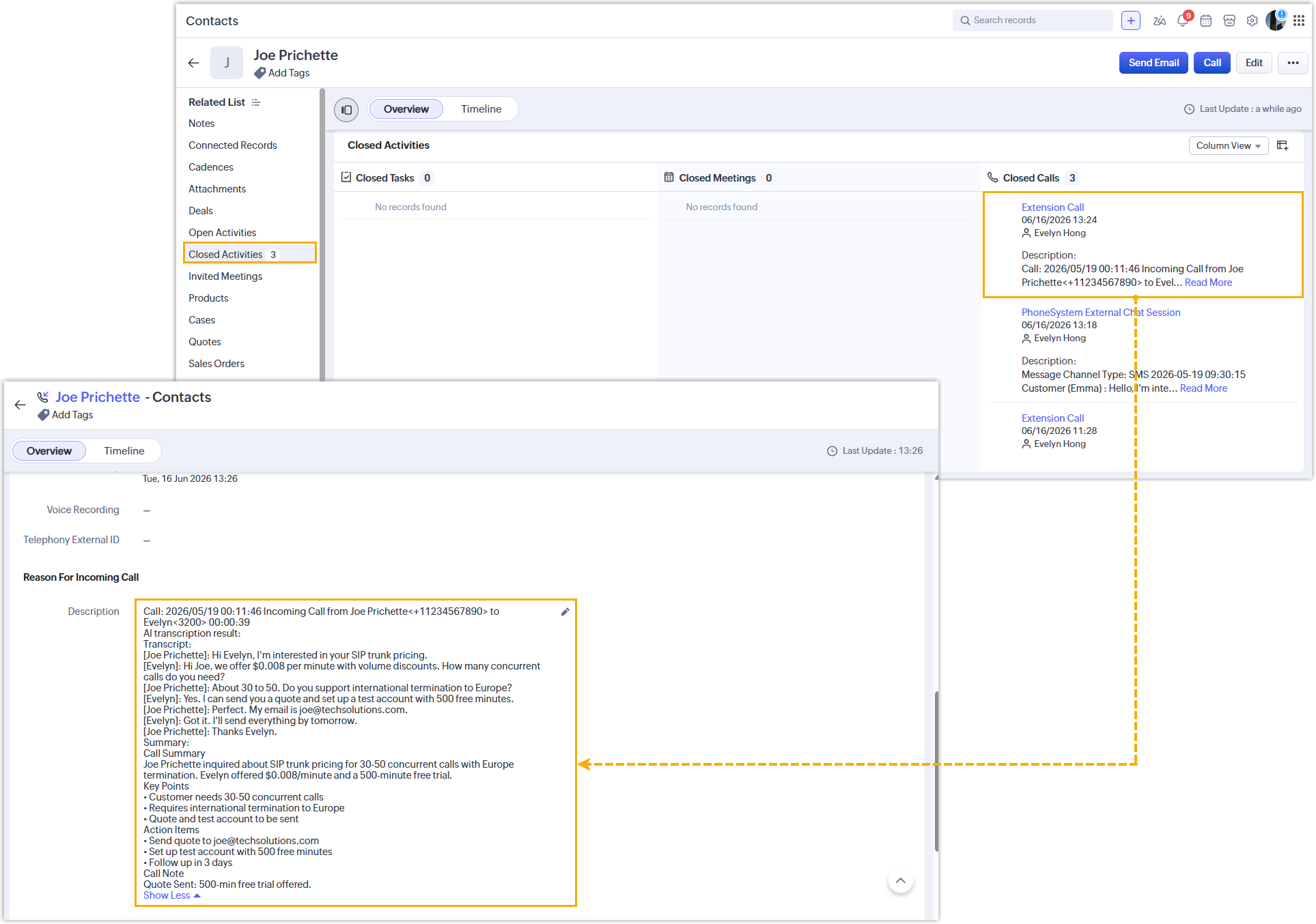 A synced call journal entry displayed on a Zoho CRM contact record