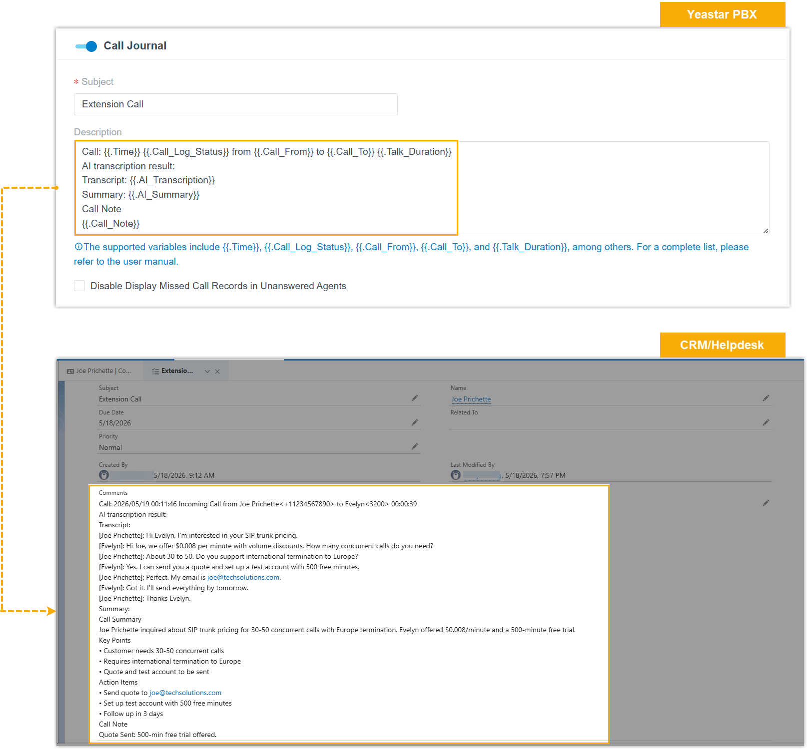 Call Journal variables configured for a CRM/Helpdesk integration