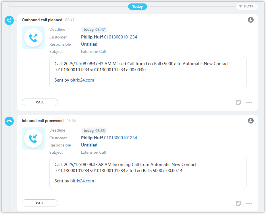 Call records logged on a Bitrix24 contact detail page