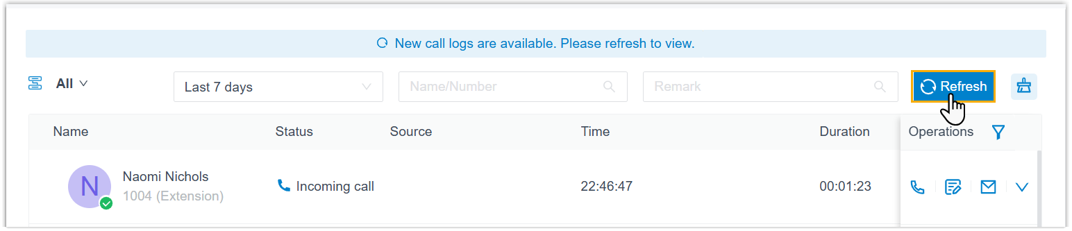 Refresh banner prompting for new call logs in the web app