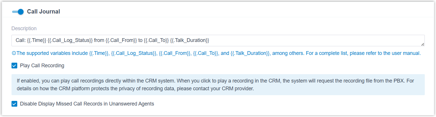Call journal options for the HubSpot integration, including the log description, recording playback, and missed-call handling