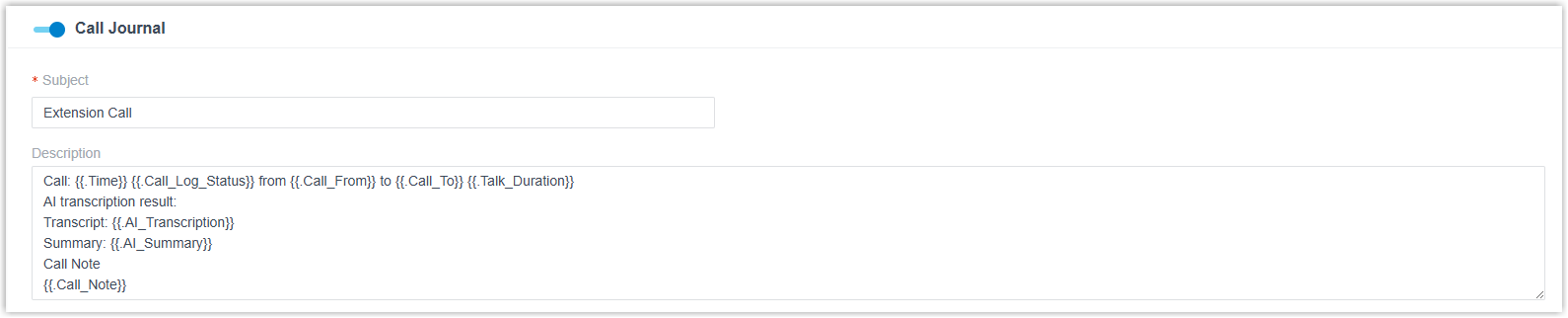 Call log content fields showing the Subject and Description entries